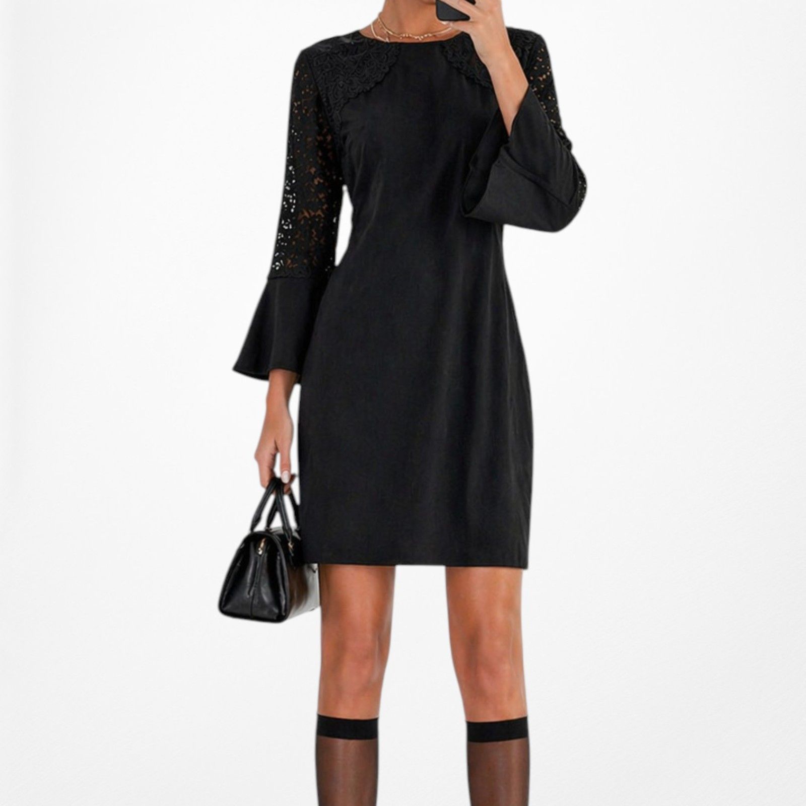 Vintage Y2k Black Long Lace Bell Sleeves Knee Length Cocktail Shift Dress Size M